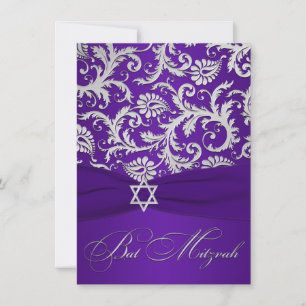 Invitation BAT MITZVAH IMPRIMÉ RIBBON violet, argent damassé 
