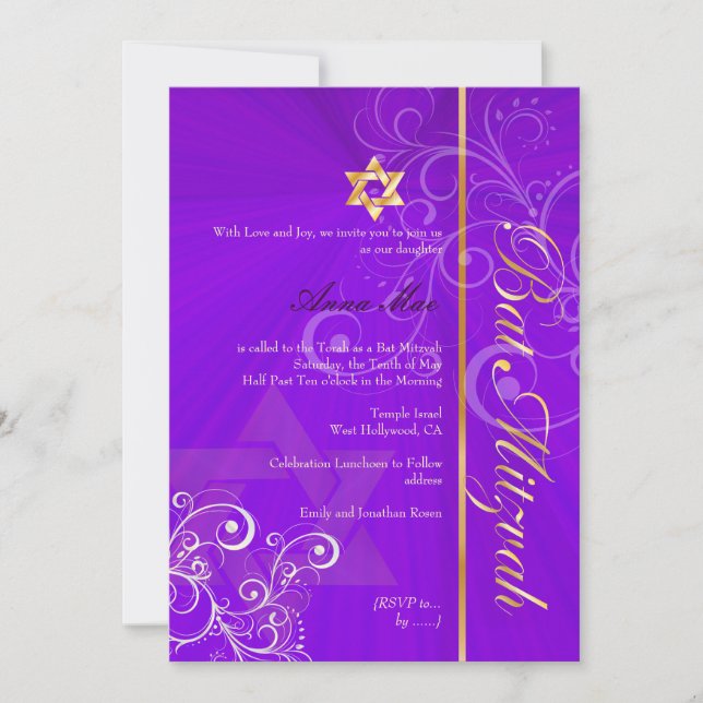 Invitation Bat mitzvah/indigo/or à l'élégance des perruques (Devant)