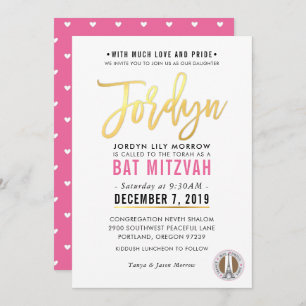 Invitation BAT MITZVAH joli script d'or rose JORDYN