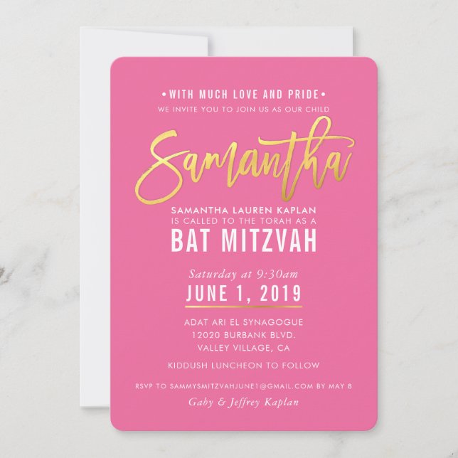 Invitation BAT MITZVAH joli script or blanc rose SAMANTHA (Devant)