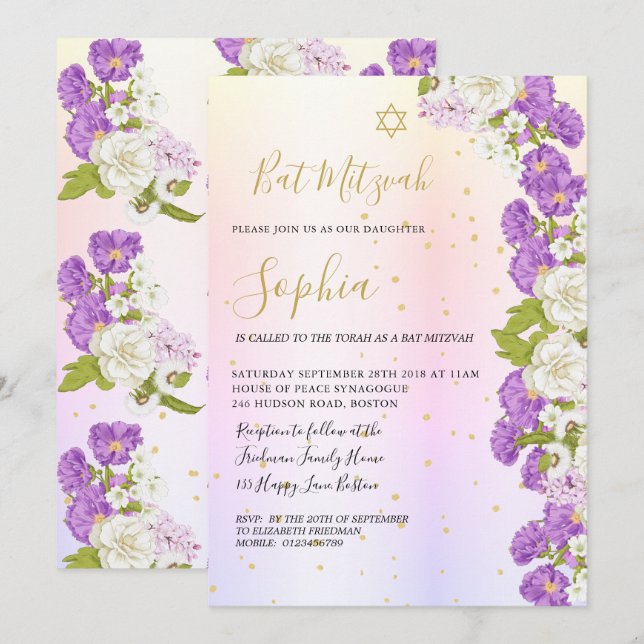 Invitation Bat mitzvah juif violet or floral hébreu (Devant / Derrière)