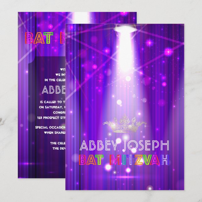 Invitation Bat mitzvah Laser PixDezines / Lumières Neon (Devant / Derrière)