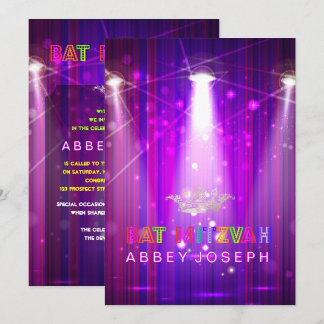Invitation Bat mitzvah Laser PixDezines / Lumières Neon (Devant / Derrière)
