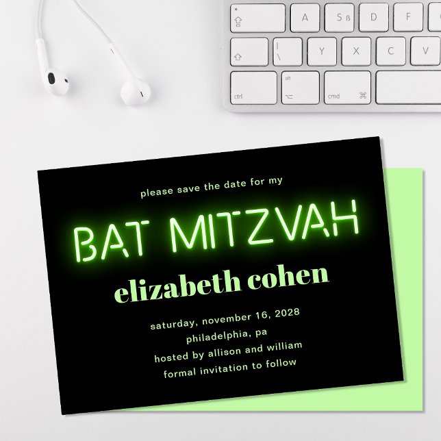 Invitation Bat mitzvah Luminaires De Néon Vert Clair Enregist (Créateur téléchargé)