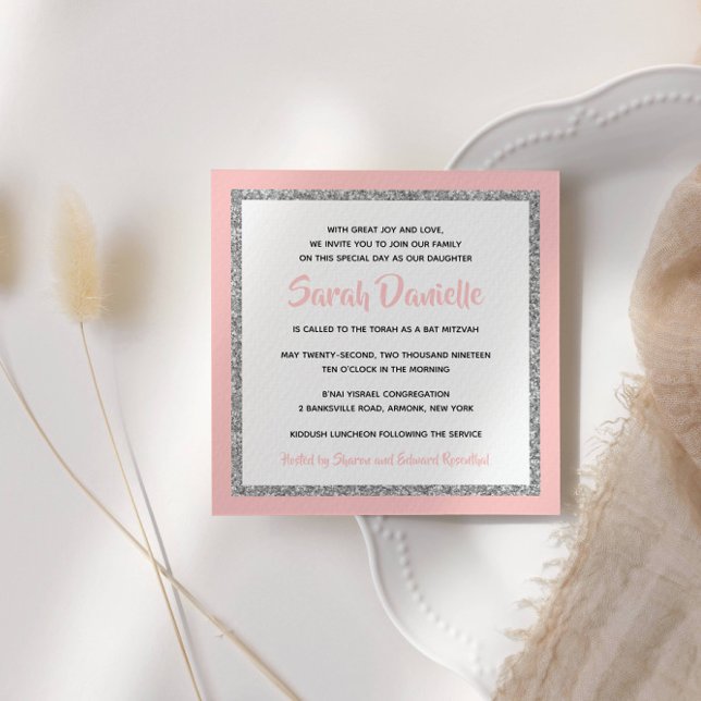 Invitation Bat mitzvah lumineux rose et Carré argenté (Créateur téléchargé)