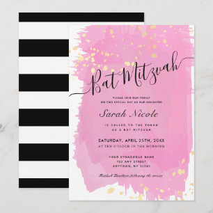 Invitation Bât Mitzvah Magenta Aquarelle x Éclaboussures d'Or