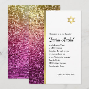 Invitation Bat mitzvah Magenta Pink et Gold Glittery