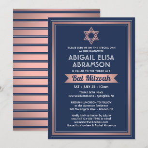 Invitation Bât Mitzvah Moderne Bleu Marine Rose Or Tendance