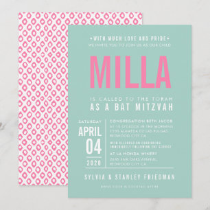 Invitation BAT MITZVAH moderne bloc type pastel menthe rose