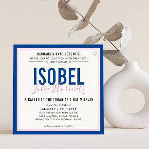 Invitation BAT MITZVAH moderne couleur minimaliste rose