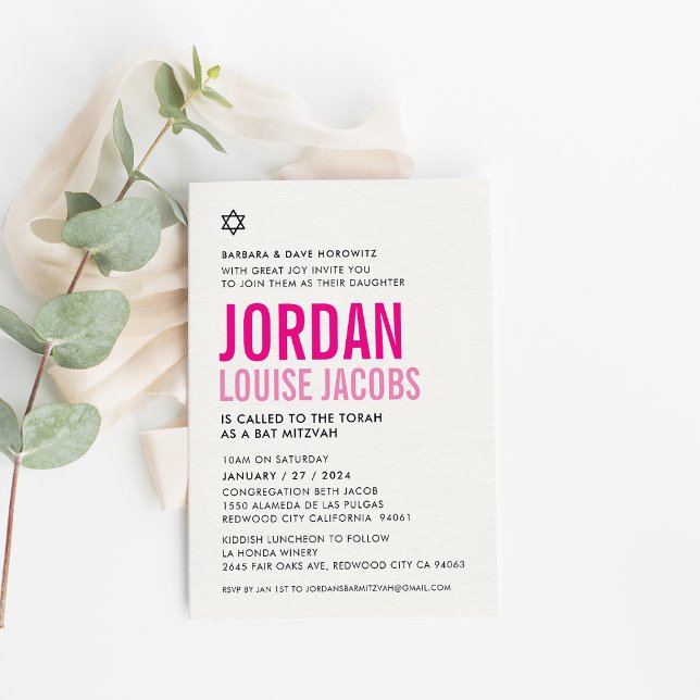 Invitation BAT MITZVAH moderne couleurs vives noms rose (Créateur téléchargé)