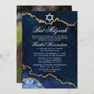 Invitation Bat mitzvah moderne Elegant Bleu Marbre Or Photo