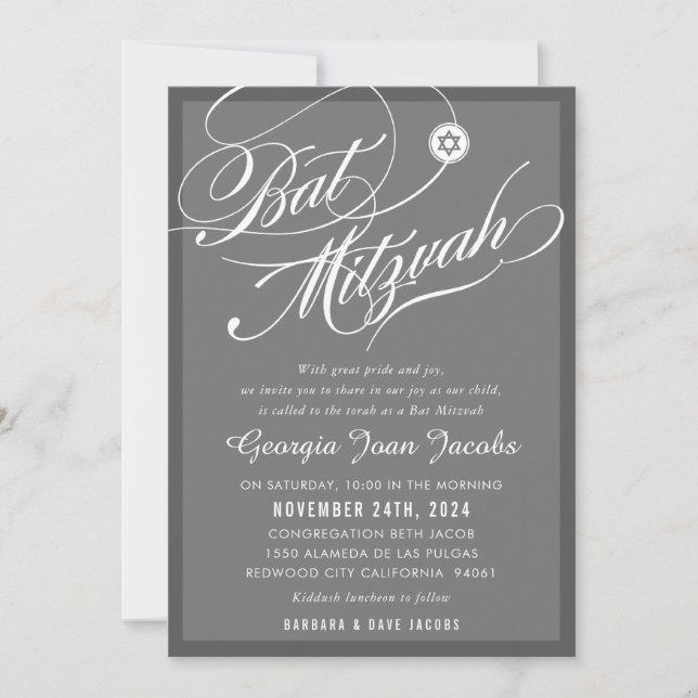 Invitation BAT MITZVAH moderne élégant script hollywood gris (Devant)