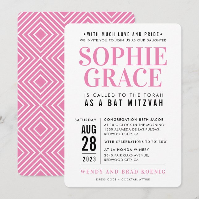 Invitation BAT MITZVAH moderne empilement géométrique joli ro (Devant / Derrière)