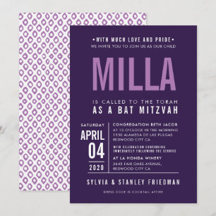Invitation BAT MITZVAH moderne en gros caractères lavande vio