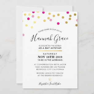 Invitation BAT MITZVAH moderne et amusant confetti taches or