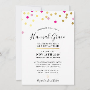 Invitation BAT MITZVAH moderne et amusant confetti taches or 
