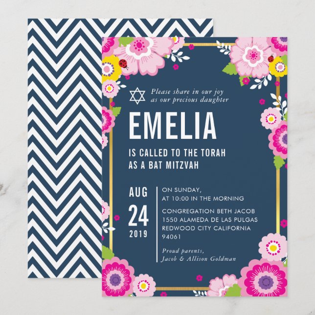 Invitation BAT MITZVAH moderne floral brillant rose marine (Devant / Derrière)