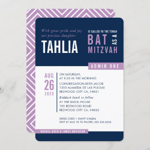 Invitation BAT MITZVAH MODERNE haricot bleu marine violet