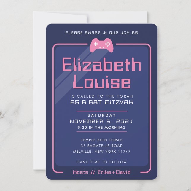 Invitation BAT MITZVAH moderne jeux contrôle marine bleu rose (Devant)