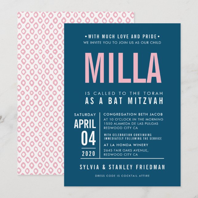 Invitation BAT MITZVAH moderne type bloc marine bleu rose (Devant / Derrière)