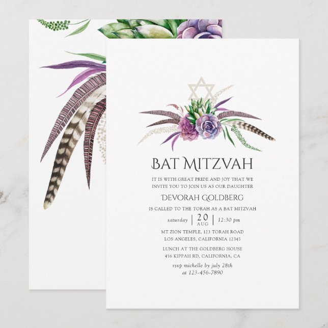 Invitation Bat mitzvah mystique de Boho succulent (Devant / Derrière)