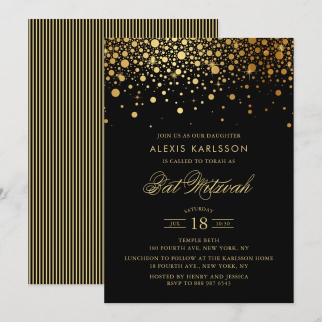 Invitation Bat mitzvah noir Faux Gold Foil Confetti (Devant / Derrière)