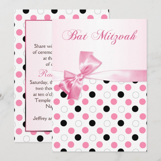 Invitation Bat mitzvah noir, rose, blanc de pois (Devant / Derrière)