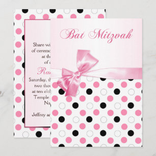 Invitation Bat mitzvah noir, rose, blanc de pois