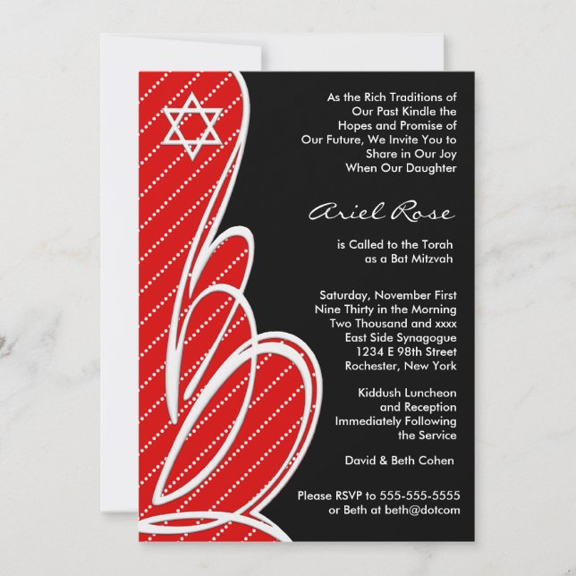 Invitation Bat mitzvah noir rouge (Devant)