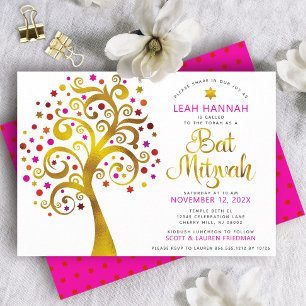 Invitation Bât Mitzvah Or Doré Feuille Arbre de Vie Moderne G