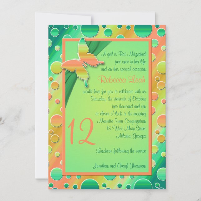 Invitation Bat mitzvah Orange, Green Polka Dot (Devant)