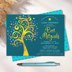 Invitation Bat Mitzvah papier doré moderne Arbre de Vie sur s
