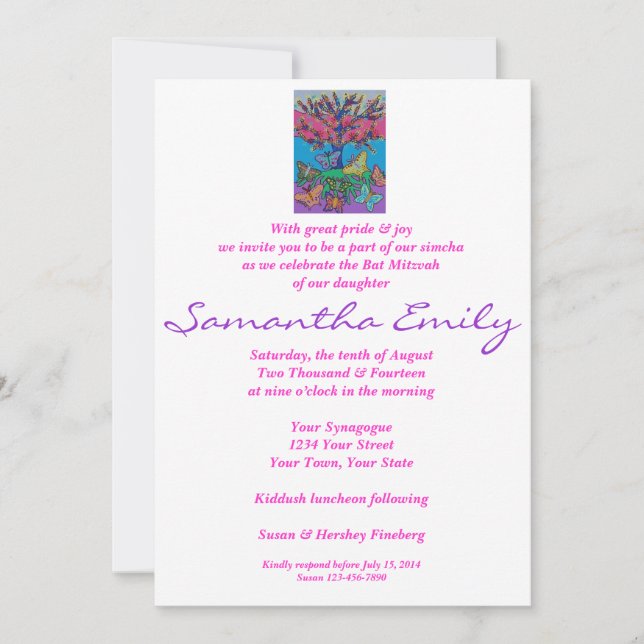 Invitation Bat mitzvah - papillon recueillant l'arbre de la (Devant)