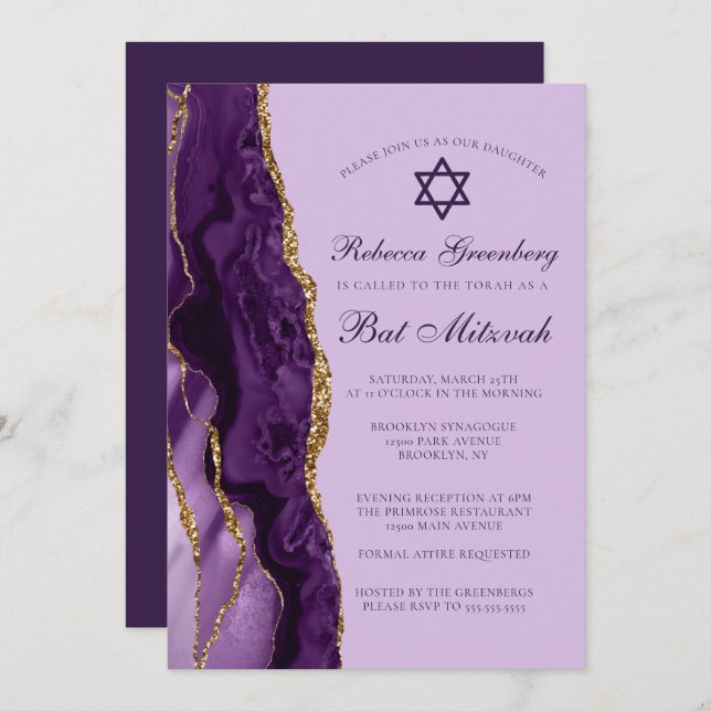 Invitation Bat mitzvah Parties scintillant de  d'or violet (Devant / Derrière)