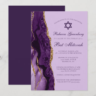 Invitation Bat mitzvah Parties scintillant de  d'or violet