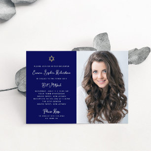 Invitation Bat mitzvah photo bleu blanc doux et simple