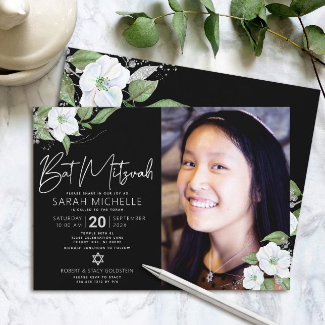 Invitation Bat mitzvah photo noir Argent Floral Aquarelle (Créateur téléchargé)