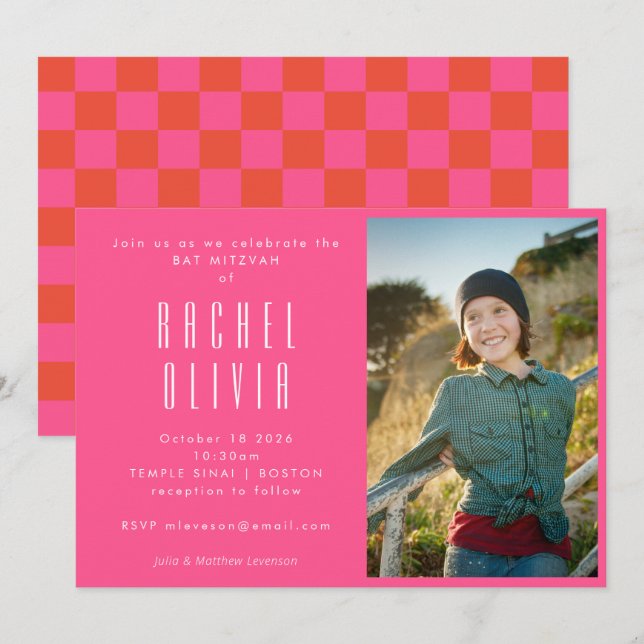 Invitation Bat mitzvah photo Retro Hot Pink Red Checkerboard (Devant / Derrière)