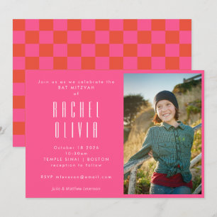 Invitation Bat mitzvah photo Retro Hot Pink Red Checkerboard