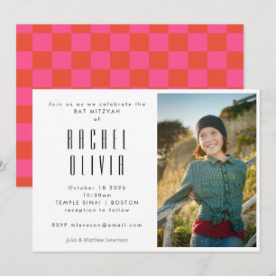 Invitation Bat mitzvah photo Retro Pink and Red Checkerboard