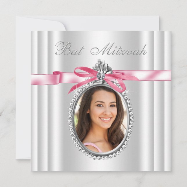 Invitation Bat mitzvah photo rose blanc (Devant)