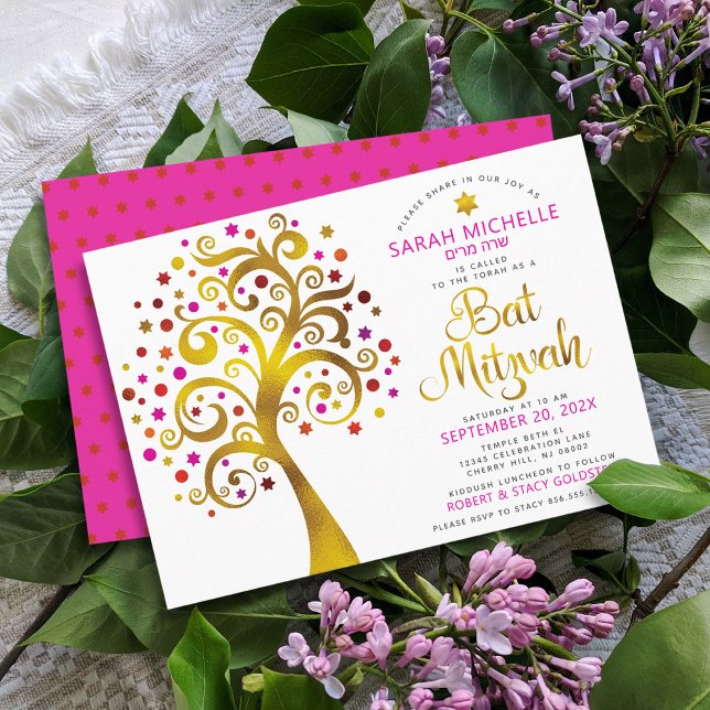 Invitation Bat mitzvah Pink Gold Foil Script Arbre de vie (Créateur téléchargé)