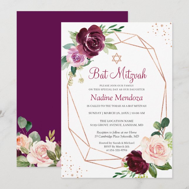 Invitation Bat mitzvah | Plum violet Rose floral géométrique (Devant / Derrière)