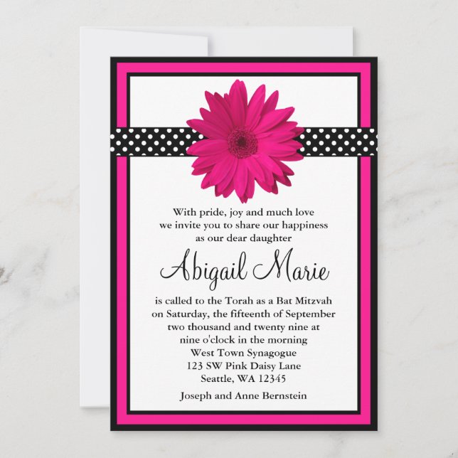 Invitation Bat mitzvah Pois noir rose Daisy (Devant)