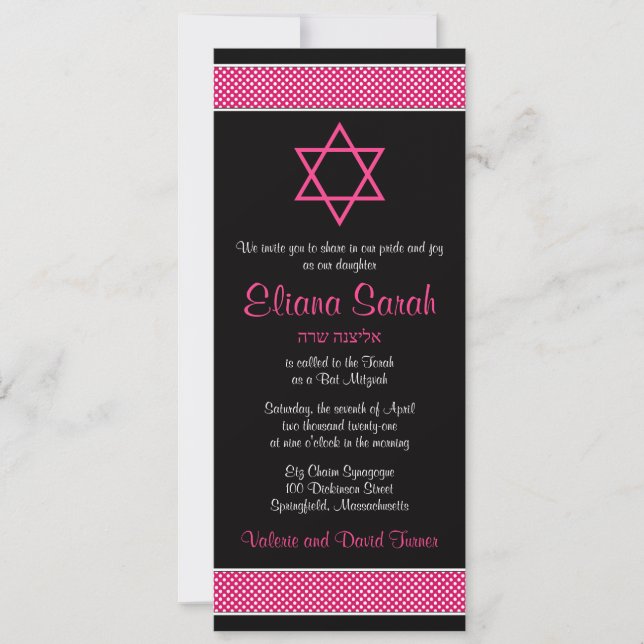Invitation Bat mitzvah Pois rose et noire (Devant)