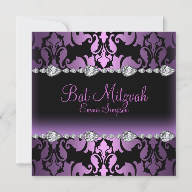 Invitation Bat mitzvah pourpre Damask & Diamond (Devant)