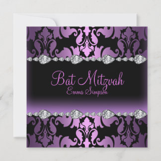 Invitation Bat mitzvah pourpre Damask & Diamond