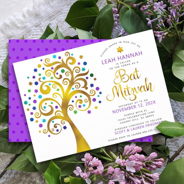 Invitation Bat mitzvah Purple Gold Foil Arbre de vie moderne (Créateur téléchargé)