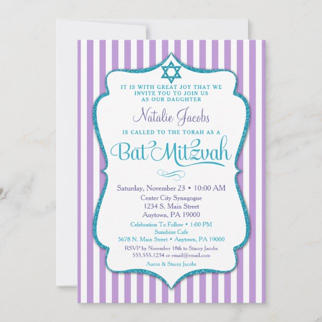 Invitation bat mitzvah Purple Turquoise Élégant Ba (Devant)